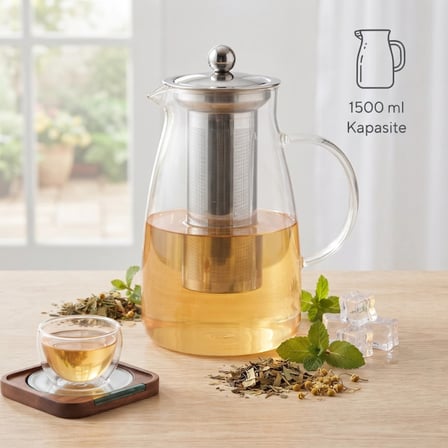 Nevamel® Detoks Sürahisi - 1500 ml - Paslanmaz Çelik Filtre - Cam