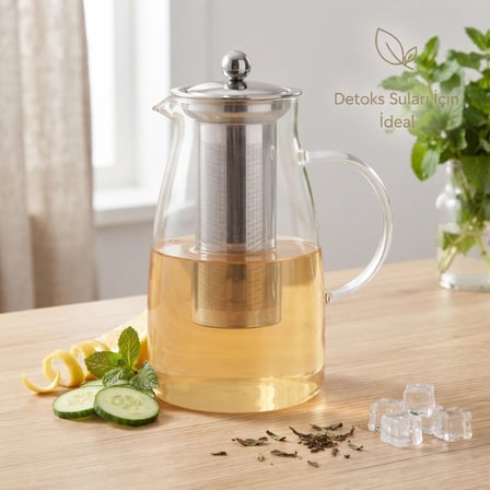 Nevamel® Detoks Sürahisi - 1500 ml - Paslanmaz Çelik Filtre - Cam