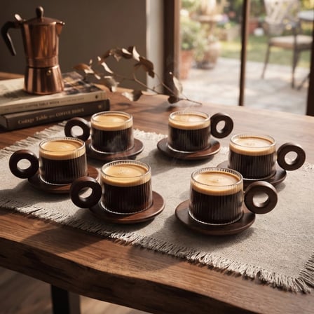 Nevamel® 12 Parça Çizgili Akasya Kahve Takımı - 6 Parça Fincan Tabağı - 6 Parça Çizgili Desenli Cam Fincan