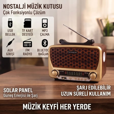 Nevamel® Nostalji Müzik Kutusu - Solar Panelli - Şarjlı - AUX Girişi - LED Fener - Bluetooth