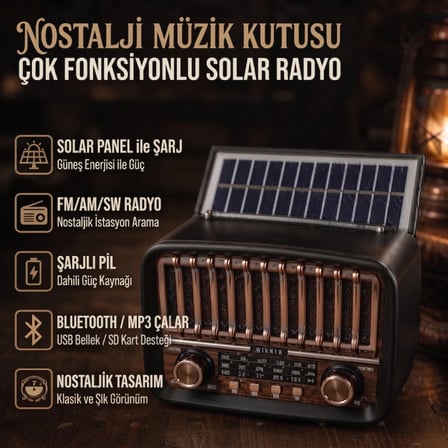 Nevamel® Solar Panelli FM Radyo - Şarjlı - Bluetooth Özellikli - AUX Girişli - Nostaljik Tasarım