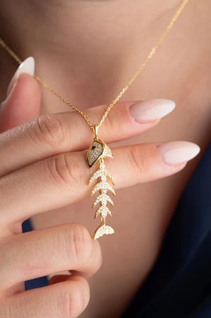 925 Ayar Gümüş Balık Kılçığı Kolye (GOLD)