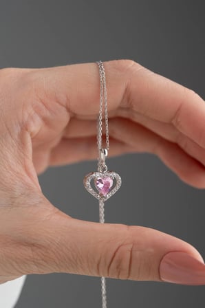 925 Ayar Gümüş Pembe Taşlı Kalp Kolye 