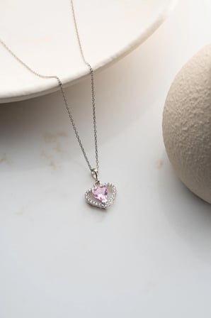 925 Ayar Gümüş Pembe Taşlı Kalp Kolye 