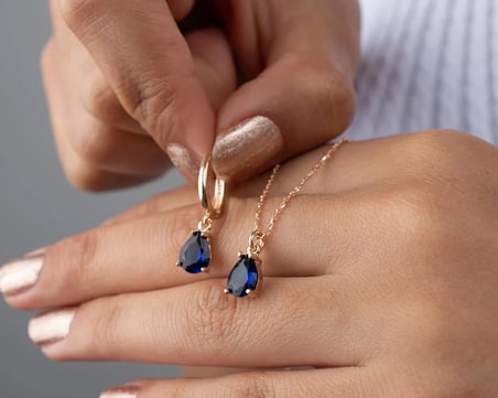 925 Ayar Gümüş Lacivert Sapphire Damla Taşlı Takı Seti (ROSE)
