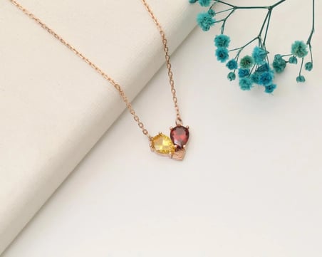 925 Ayar Gümüş Citrine - Garnet Taşlı Kalp Kolye
