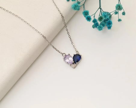 925 Ayar Gümüş Alexandrite - Sapphire Taşlı Kalp Kolye