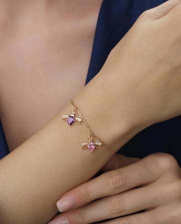 925  Ayar Gümüş Amethyst - Pink Tourmaline Taşlı Arılı Bileklik