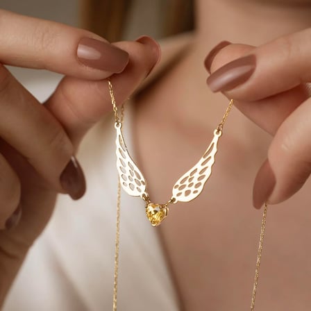925 Ayar Gümüş Melek Kanatlı Citrine Doğum Taşlı Kalp Kolye