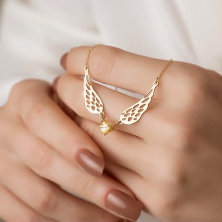 925 Ayar Gümüş Melek Kanatlı Citrine Doğum Taşlı Kalp Kolye