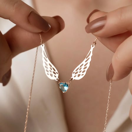 925 Ayar Gümüş Melek Kanatlı Aquamarine Doğum Taşlı Kalp Kolye