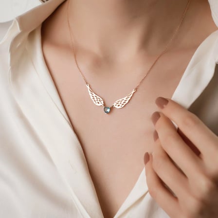925 Ayar Gümüş Melek Kanatlı Aquamarine Doğum Taşlı Kalp Kolye