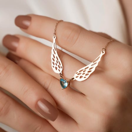 925 Ayar Gümüş Melek Kanatlı Aquamarine Doğum Taşlı Kalp Kolye