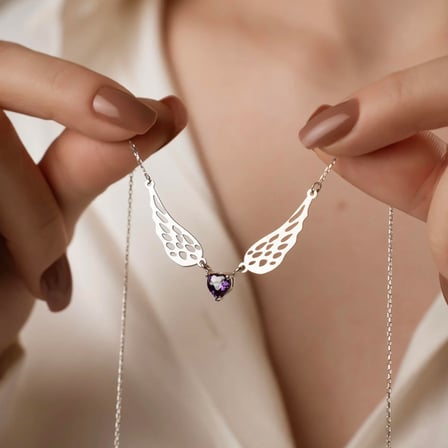 925 Ayar Gümüş Melek Kanatlı Amethyst Doğum Taşlı Kalp Kolye