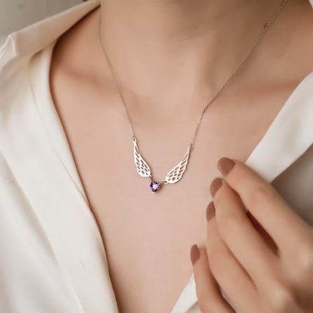 925 Ayar Gümüş Melek Kanatlı Amethyst Doğum Taşlı Kalp Kolye
