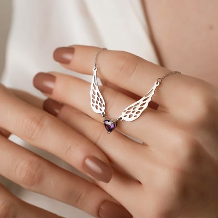 925 Ayar Gümüş Melek Kanatlı Amethyst Doğum Taşlı Kalp Kolye