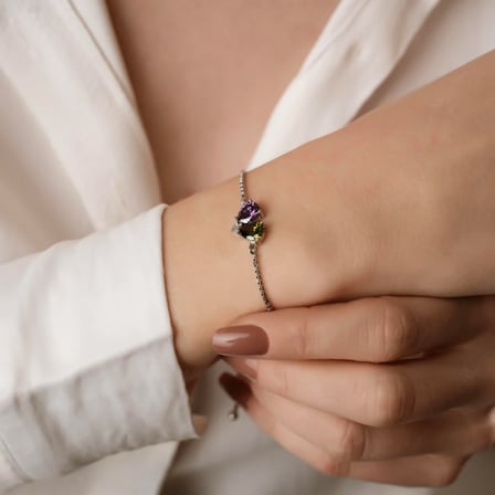 925 Ayar Gümüş Amethyst - Peridot Doğum Taşlı Birleşen Kalpli Asansörlü Bileklik