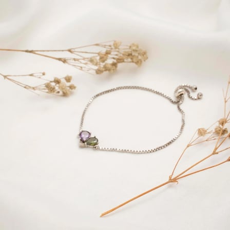 925 Ayar Gümüş Amethyst - Peridot Doğum Taşlı Birleşen Kalpli Asansörlü Bileklik