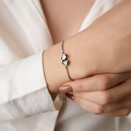 925 Ayar Gümüş Amethyst - Peridot Doğum Taşlı Birleşen Kalpli Asansörlü Bileklik