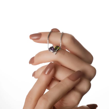 925 Ayar Gümüş Amethyst - Peridot Doğum Taşlı Birleşen Kalpli Asansörlü Bileklik
