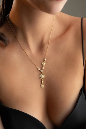 925 Ayar Gümüş Üçlü Güneş Figürlü Taşlı Sallantılı Lariat Y Kadın Kolye