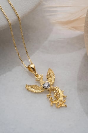 925 Ayar Gümüş Gold Zümrüdüanka (Anka Kuşu) Kolye