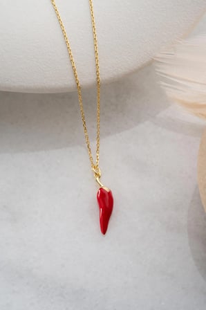 925 Ayar Gümüş Gold Mineli Kırmızı Biber Şans Kolyesi – Cornicello Figürlü Kadın Kolye