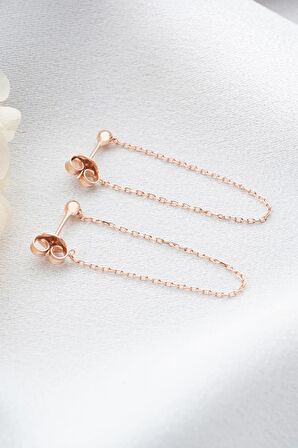 925 Ayar Gümüş Zincirli Top Küpe (ROSE)