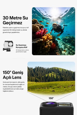 5K Aksiyon Kamerası Wi-Fi 50MP Çift Ekran Su Geçirmez Kılıflı Vlog Kamerası EIS Sony IMX386 Sensörlü