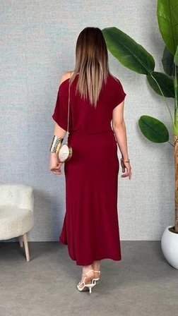 Kadın Kısa Kollu Tek Omuzdan Açık Beli Lastikli Sandy Maxi Elbise
