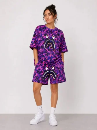 Oversize Kalıp Pubg Bape X Shark Nakışlı Cepli Şort Takım - Mor