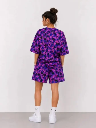 Oversize Kalıp Pubg Bape X Shark Nakışlı Cepli Şort Takım - Mor