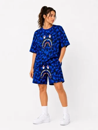 Oversize Kalıp Pubg Bape X Shark Nakışlı Cepli Şort Takım - Mavi