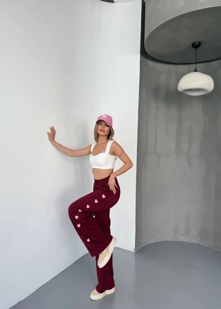 Osy Modal Yumuşak Dokulu Kumaş Nakış Işlemeli Rahat Bol Paça Eşofman Pantalon - Bordo