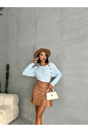 Kadın Kayık Yaka Düğme Detaylı Triko Kazak