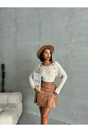 Kadın Kayık Yaka Düğme Detaylı Triko Kazak