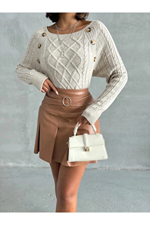 Kadın Kayık Yaka Düğme Detaylı Triko Kazak