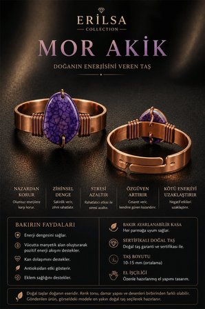 Sertifikalı Mor Akik Taşı Bakır Kasa Ayarlanabilir El Yapımı Doğal Taş Yüzük