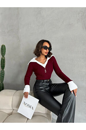 Geniş Polo Yaka Saç Örgü Kadın Triko Kazak