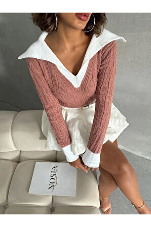 Geniş Polo Yaka Saç Örgü Kadın Triko Kazak