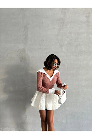 Geniş Polo Yaka Saç Örgü Kadın Triko Kazak