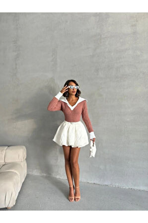 Geniş Polo Yaka Saç Örgü Kadın Triko Kazak