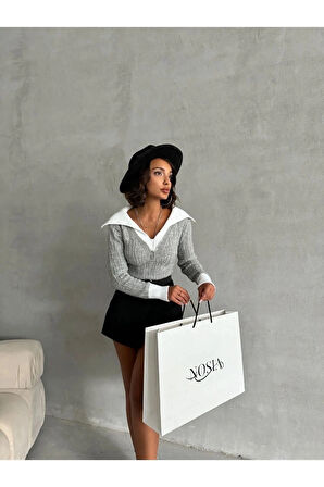 Geniş Polo Yaka Saç Örgü Kadın Triko Kazak