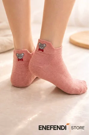 4’lü Kadın Patik Çorap Seti | Yumuşak Pamuklu Likralı Nakışlı Çorap | Sarı Pembe Gri Beyaz | 36 40