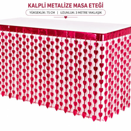 Özel Seri Mekan Süslemesi Kutlama Malzemesi Davet Süsü Kalpli Metalize Masa Eteği Kırmızı 75x300 cm
