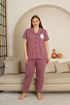 Büyük Beden %100 Pamuk Düğmeli Kadın Pijama Takımı – Rahat ve Şık Gömlek Pijama Tasarımı 
