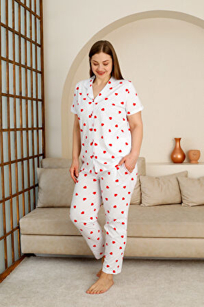 Büyük Beden %100 Pamuk Düğmeli Kadın Pijama Takımı – Rahat ve Şık Gömlek Pijama Tasarımı 