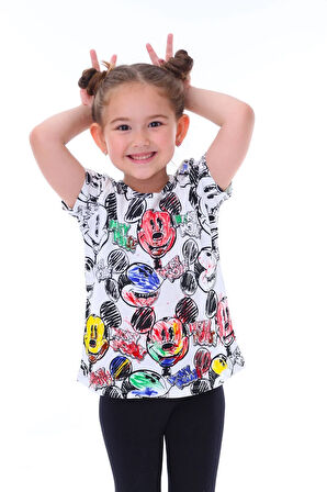 Summer Mickeyli Kız Çocuk T-shirt (BOYANABİLİR KALEMLERİ HEDİYE ! YIKAMA SONRASI LEKE BIRAKMAZ)