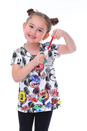 Summer Mickeyli Kız Çocuk T-shirt (BOYANABİLİR KALEMLERİ HEDİYE ! YIKAMA SONRASI LEKE BIRAKMAZ)