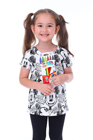 Summer Mickeyli Kız Çocuk T-shirt (BOYANABİLİR KALEMLERİ HEDİYE ! YIKAMA SONRASI LEKE BIRAKMAZ)